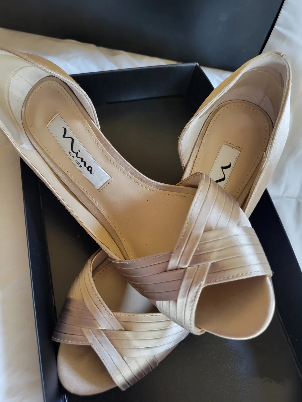 NINA New York Contesa Satin Open-Toe Heel in Champagne